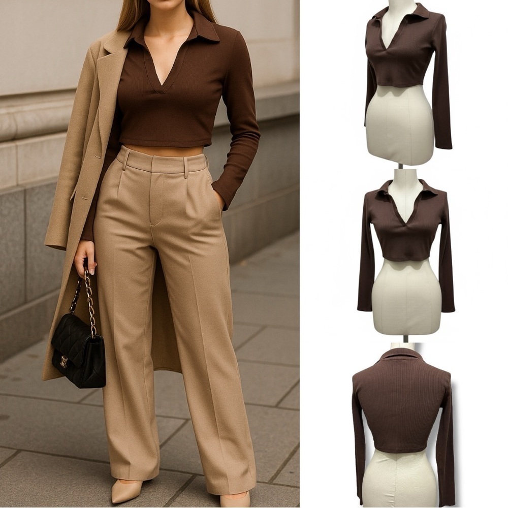 293 ZARA | NWOT Bangladesh Women’s Brown Cropped Polo-Style Ribbed Top (size S)